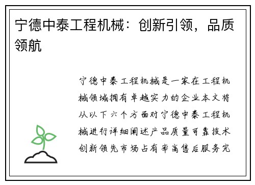 宁德中泰工程机械：创新引领，品质领航