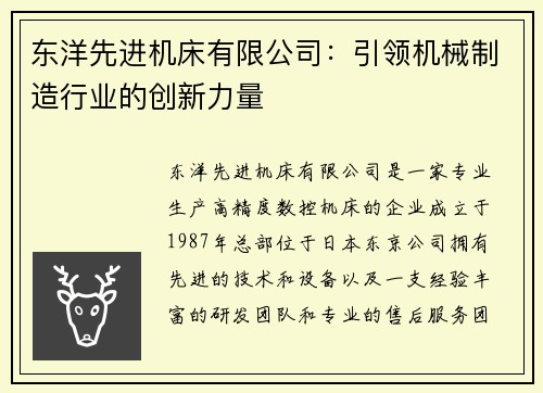 东洋先进机床有限公司：引领机械制造行业的创新力量