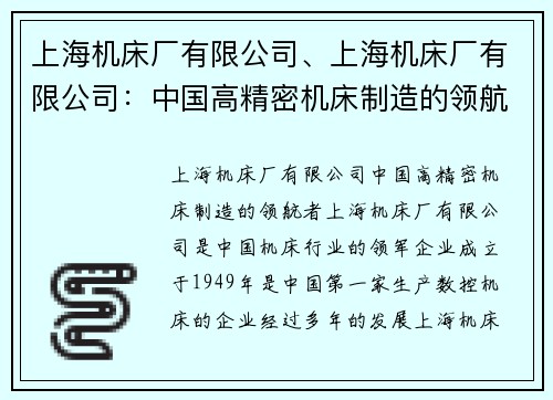 上海机床厂有限公司、上海机床厂有限公司：中国高精密机床制造的领航者